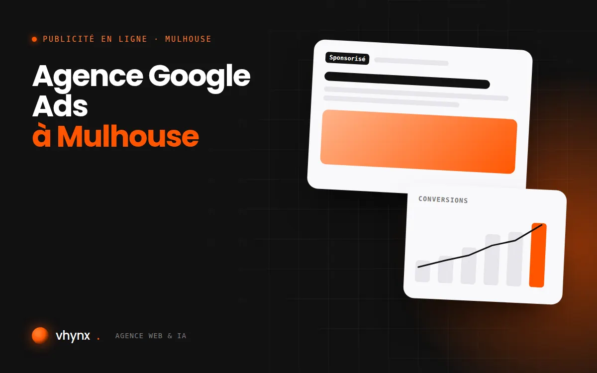 Agence Google Ads à Mulhouse : illustration Vhynx d'une annonce sponsorisée et d'un graphique de conversions