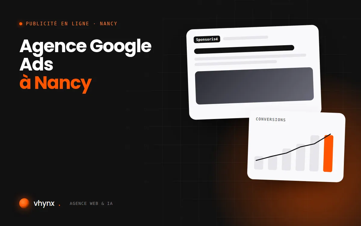 Agence Google Ads à Nancy : illustration Vhynx d'une annonce sponsorisée et d'un graphique de conversions