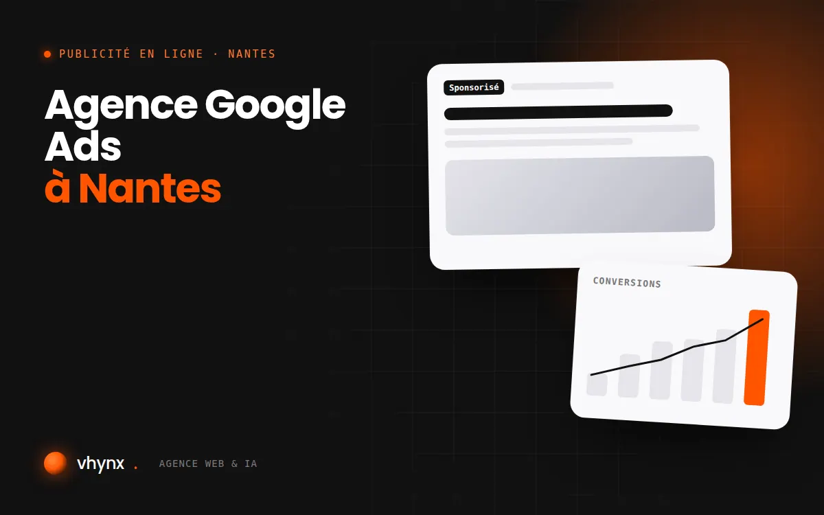 Agence Google Ads à Nantes : illustration Vhynx d'une annonce sponsorisée et d'un graphique de conversions