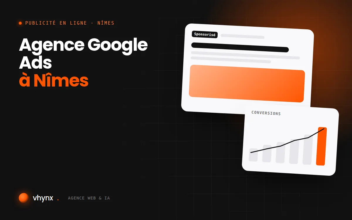 Agence Google Ads à Nîmes : illustration Vhynx d'une annonce sponsorisée et d'un graphique de conversions