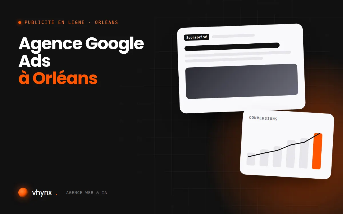 Agence Google Ads à Orléans : illustration Vhynx d'une annonce sponsorisée et d'un graphique de conversions