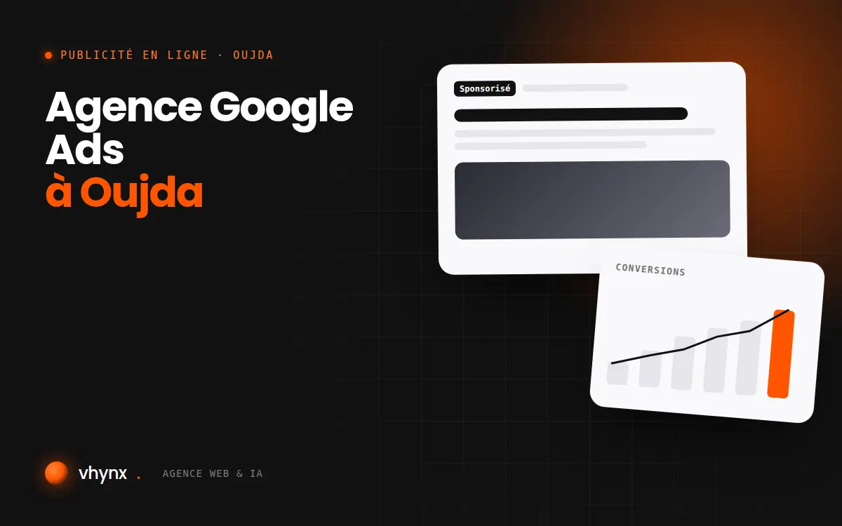 Agence Google Ads à Oujda : illustration Vhynx d'une annonce sponsorisée et d'un graphique de conversions