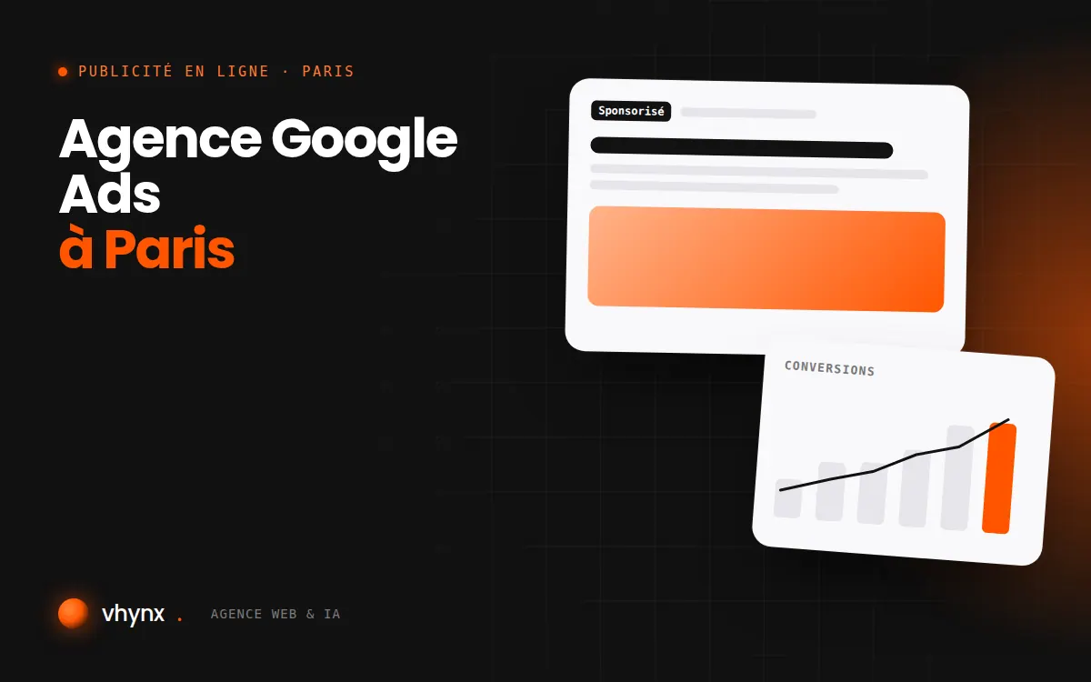 Agence Google Ads à Paris : illustration Vhynx d'une annonce sponsorisée et d'un graphique de conversions