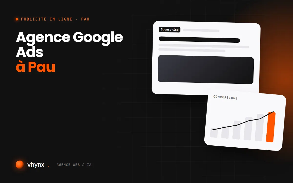 Agence Google Ads à Pau : illustration Vhynx d'une annonce sponsorisée et d'un graphique de conversions