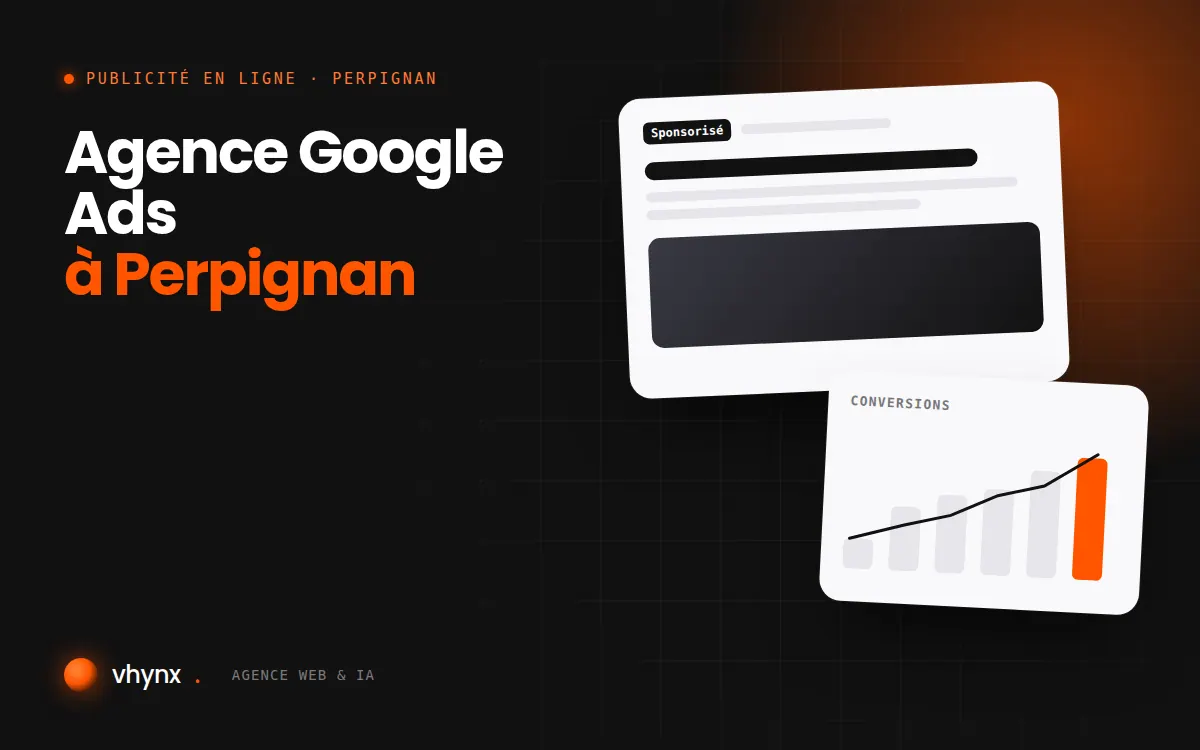 Agence Google Ads à Perpignan : illustration Vhynx d'une annonce sponsorisée et d'un graphique de conversions