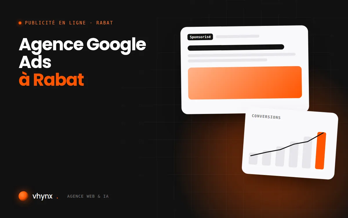 Agence Google Ads à Rabat : illustration Vhynx d'une annonce sponsorisée et d'un graphique de conversions