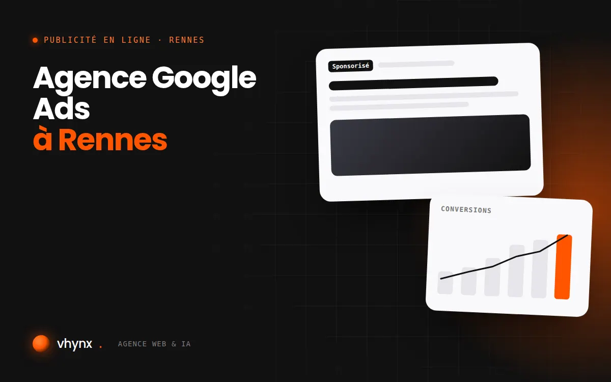 Agence Google Ads à Rennes : illustration Vhynx d'une annonce sponsorisée et d'un graphique de conversions