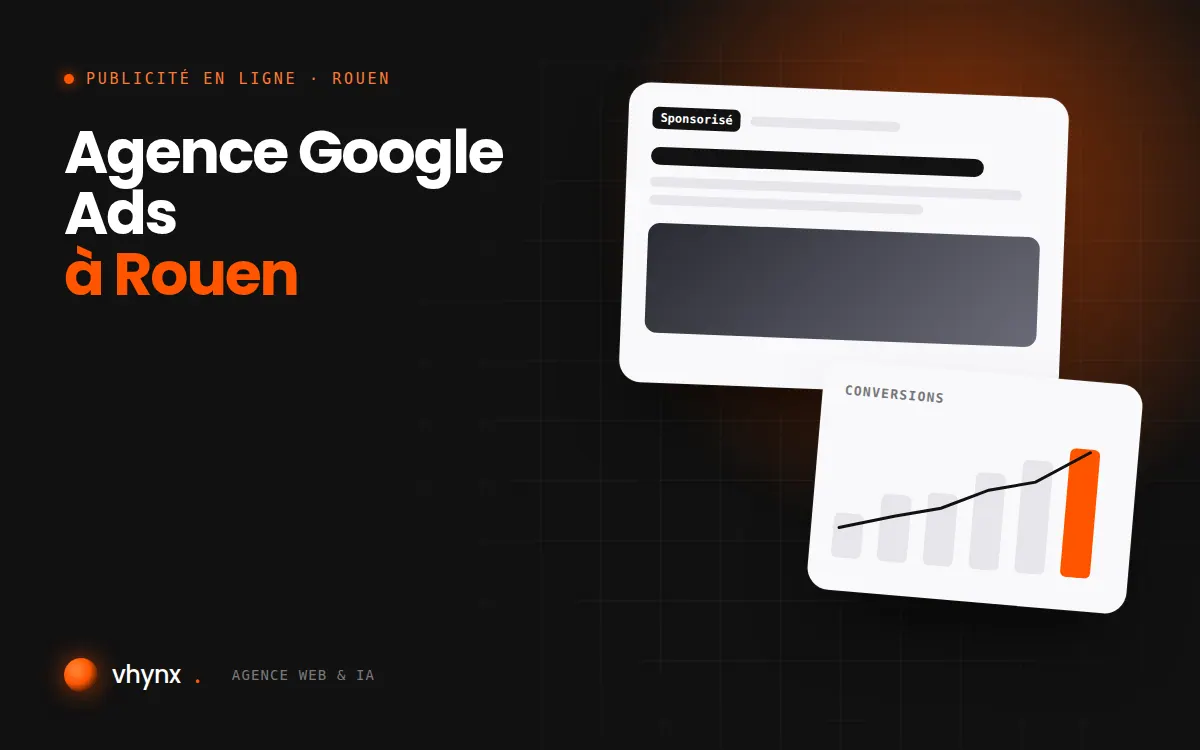Agence Google Ads à Rouen : illustration Vhynx d'une annonce sponsorisée et d'un graphique de conversions