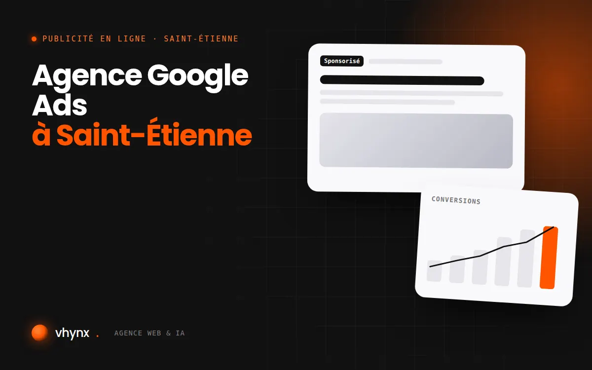 Agence Google Ads à Saint-Étienne : illustration Vhynx d'une annonce sponsorisée et d'un graphique de conversions