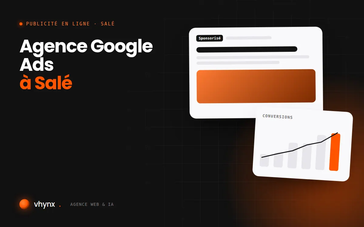 Agence Google Ads à Salé : illustration Vhynx d'une annonce sponsorisée et d'un graphique de conversions