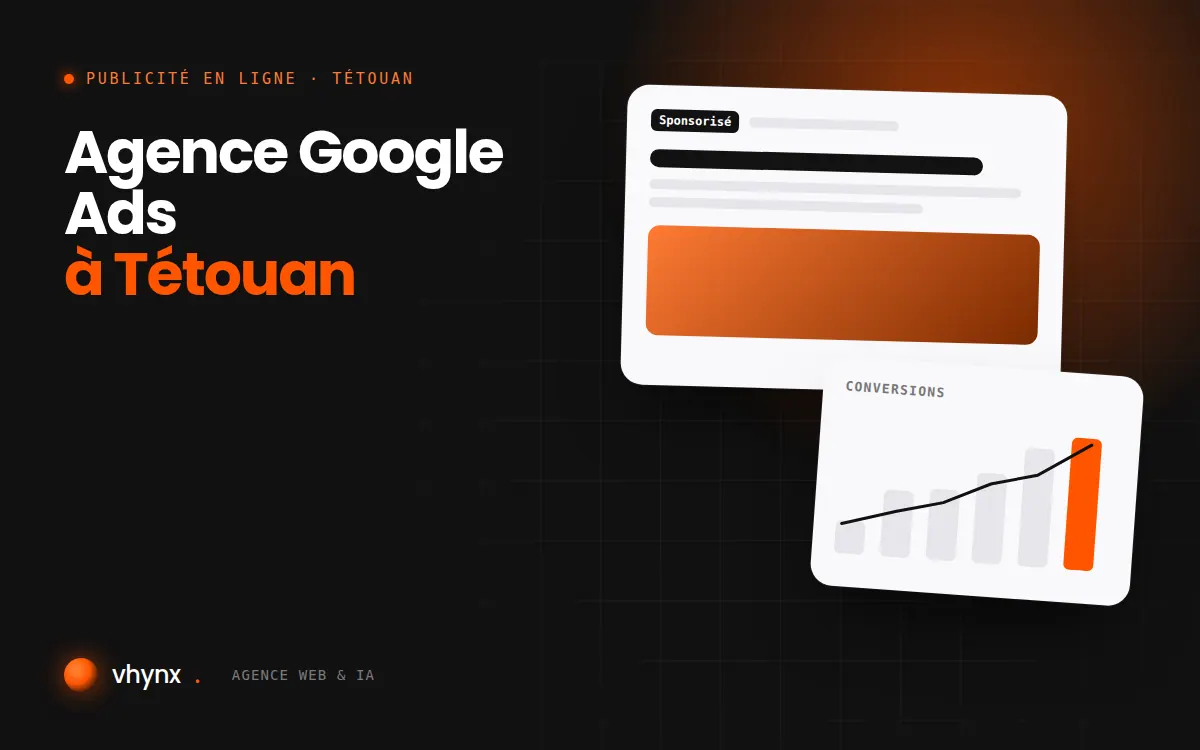 Agence Google Ads à Tétouan : illustration Vhynx d'une annonce sponsorisée et d'un graphique de conversions