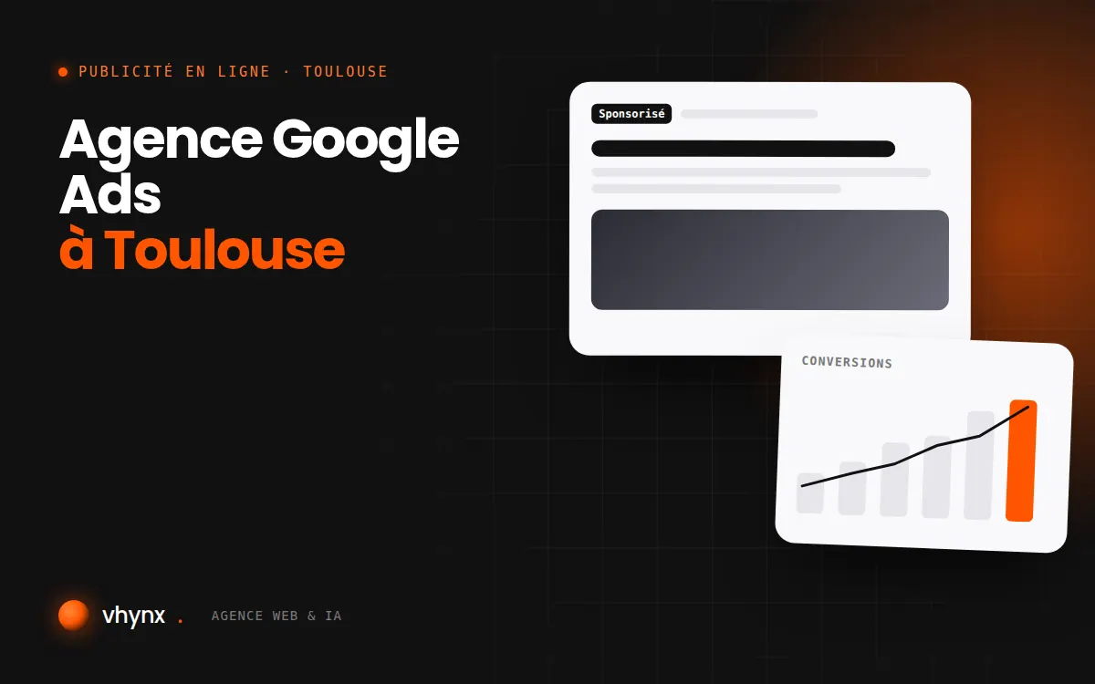 Agence Google Ads à Toulouse : illustration Vhynx d'une annonce sponsorisée et d'un graphique de conversions