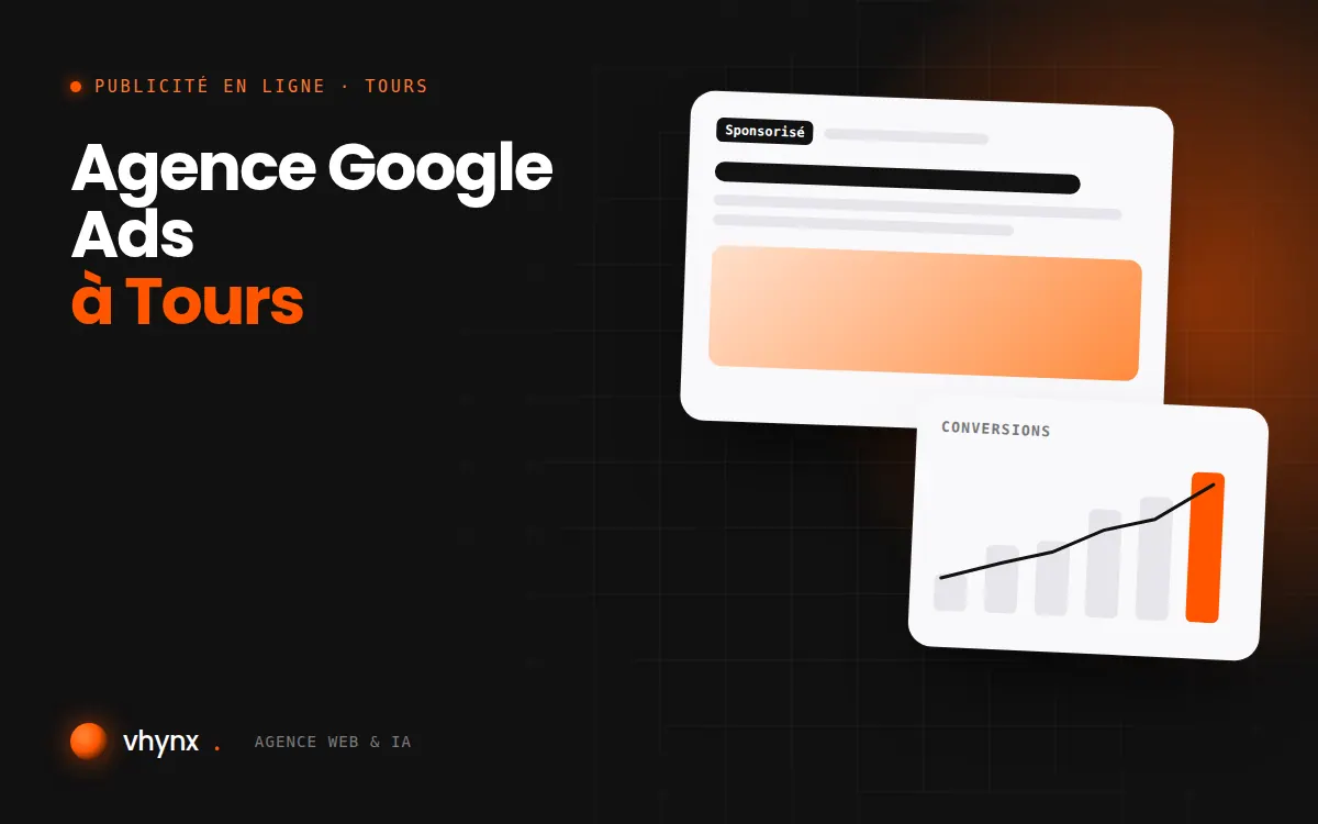 Agence Google Ads à Tours : illustration Vhynx d'une annonce sponsorisée et d'un graphique de conversions