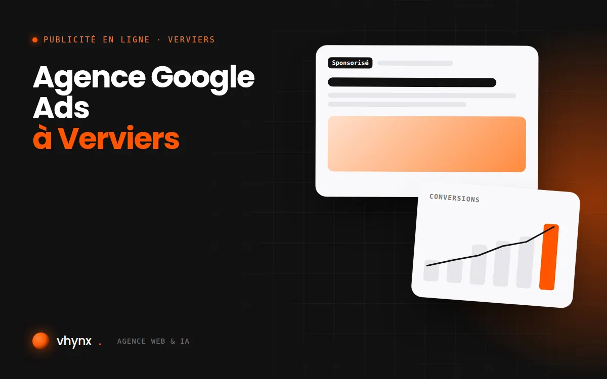 Agence Google Ads à Verviers : illustration Vhynx d'une annonce sponsorisée et d'un graphique de conversions