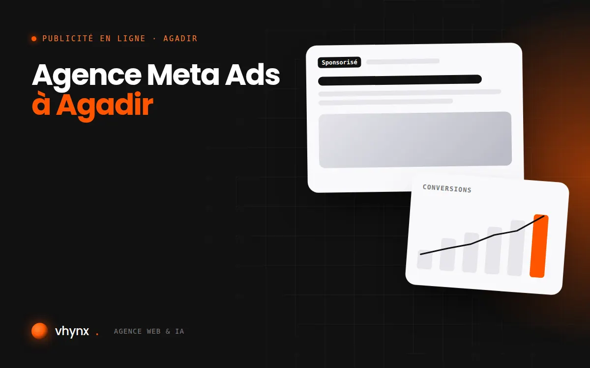 Agence Meta Ads à Agadir : illustration Vhynx d'une annonce sponsorisée et d'un graphique de conversions