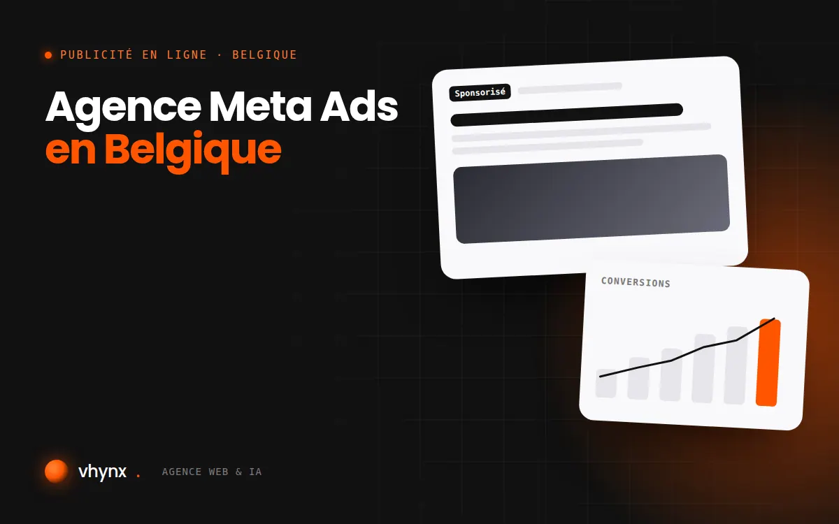 Agence Meta Ads en Belgique : illustration Vhynx d'une annonce sponsorisée et d'un graphique de conversions