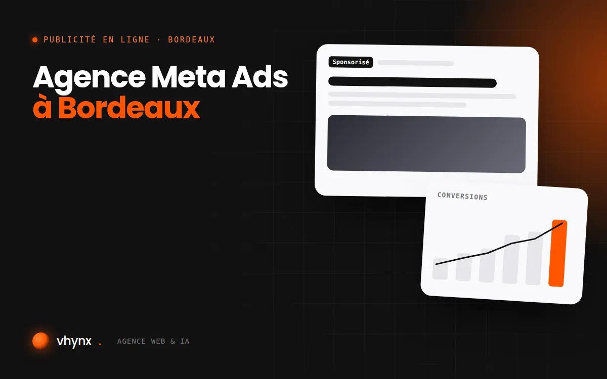 Agence Meta Ads à Bordeaux : illustration Vhynx d'une annonce sponsorisée et d'un graphique de conversions
