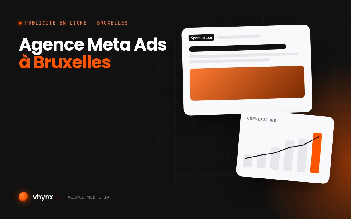 Agence Meta Ads à Bruxelles : illustration Vhynx d'une annonce sponsorisée et d'un graphique de conversions