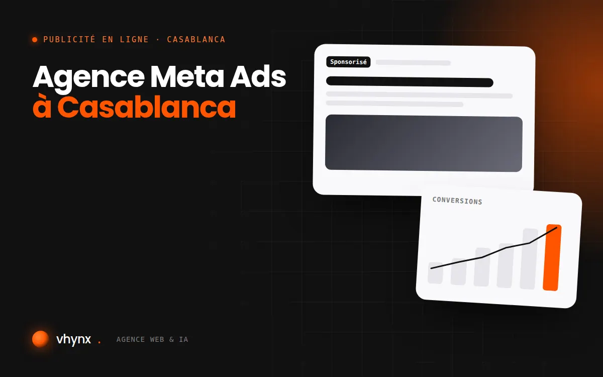 Agence Meta Ads à Casablanca : illustration Vhynx d'une annonce sponsorisée et d'un graphique de conversions