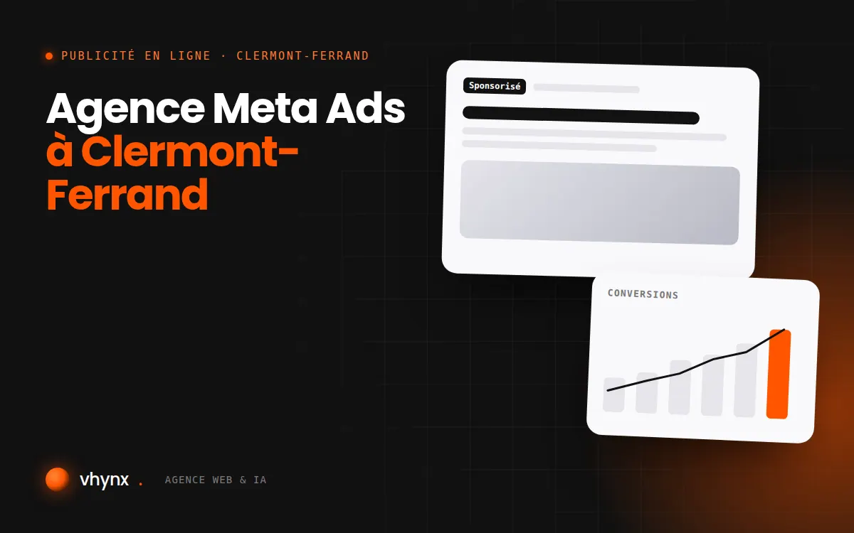 Agence Meta Ads à Clermont-Ferrand : illustration Vhynx d'une annonce sponsorisée et d'un graphique de conversions