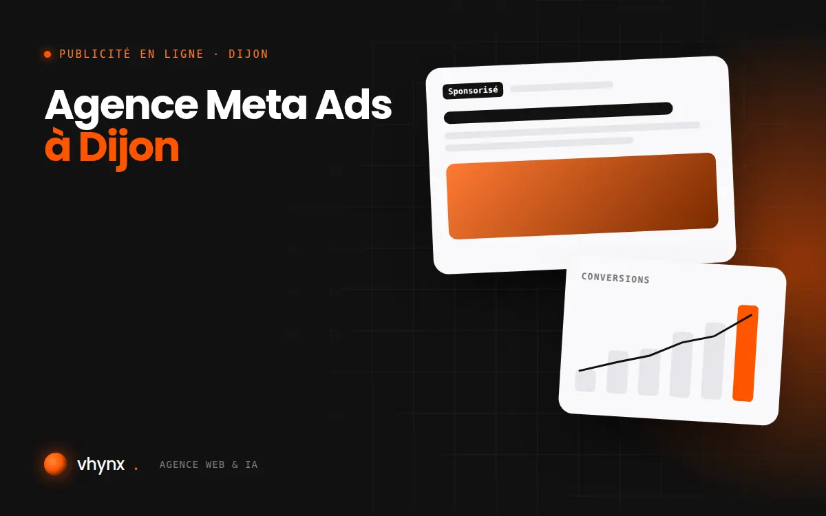 Agence Meta Ads à Dijon : illustration Vhynx d'une annonce sponsorisée et d'un graphique de conversions