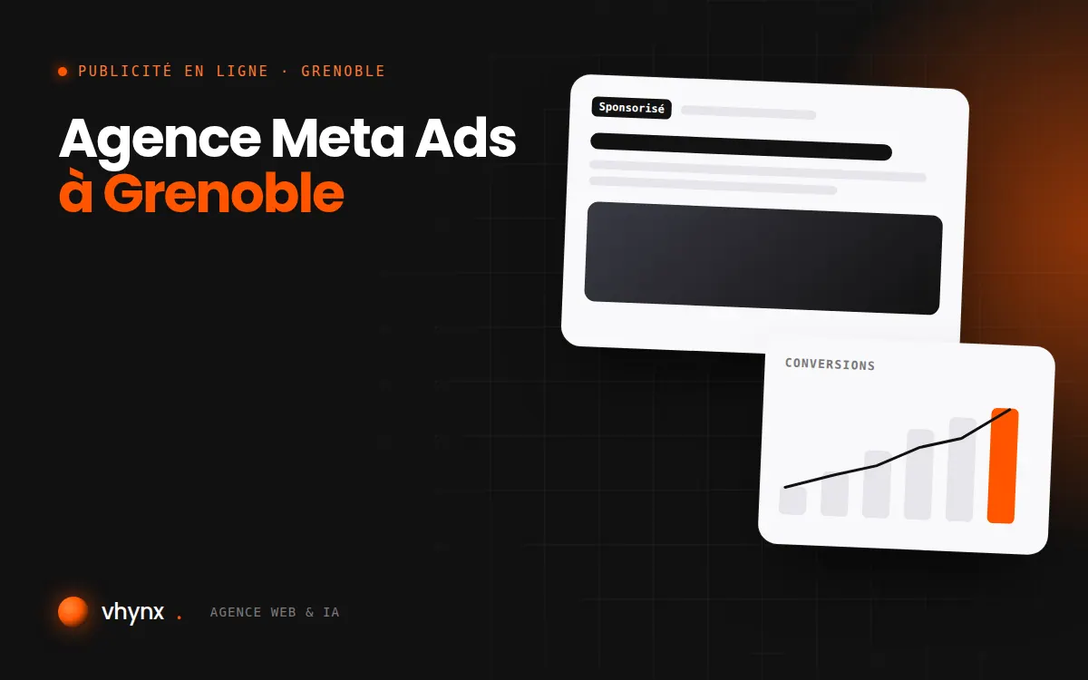 Agence Meta Ads à Grenoble : illustration Vhynx d'une annonce sponsorisée et d'un graphique de conversions