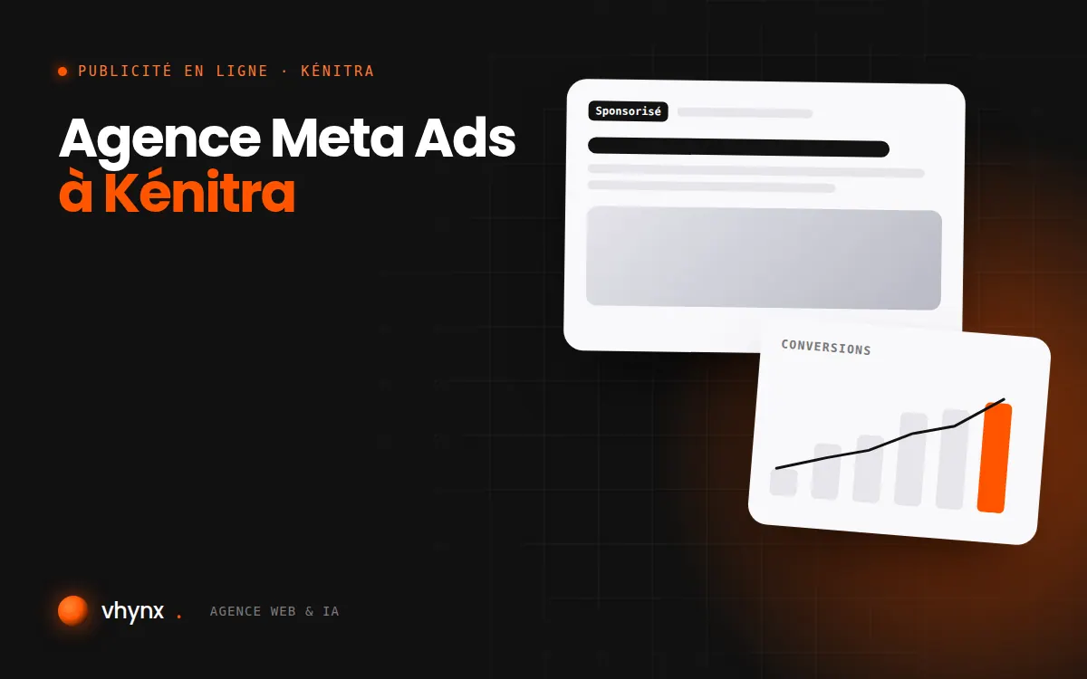 Agence Meta Ads à Kénitra : illustration Vhynx d'une annonce sponsorisée et d'un graphique de conversions