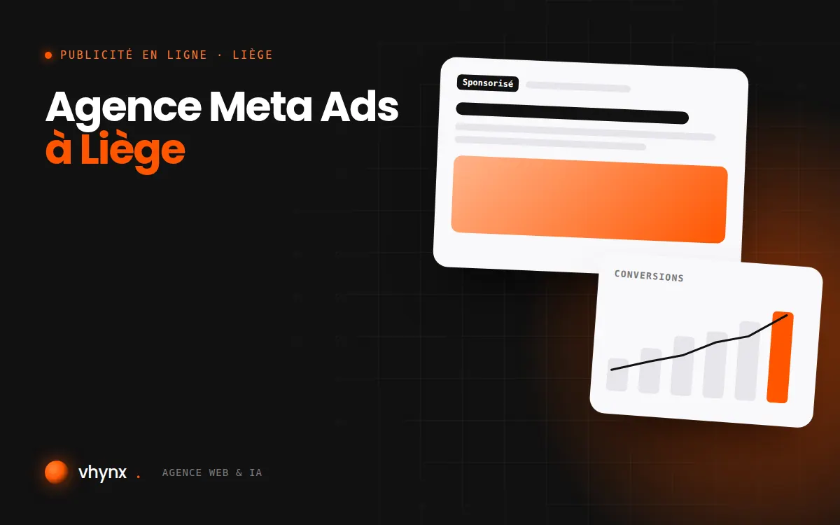 Agence Meta Ads à Liège : illustration Vhynx d'une annonce sponsorisée et d'un graphique de conversions