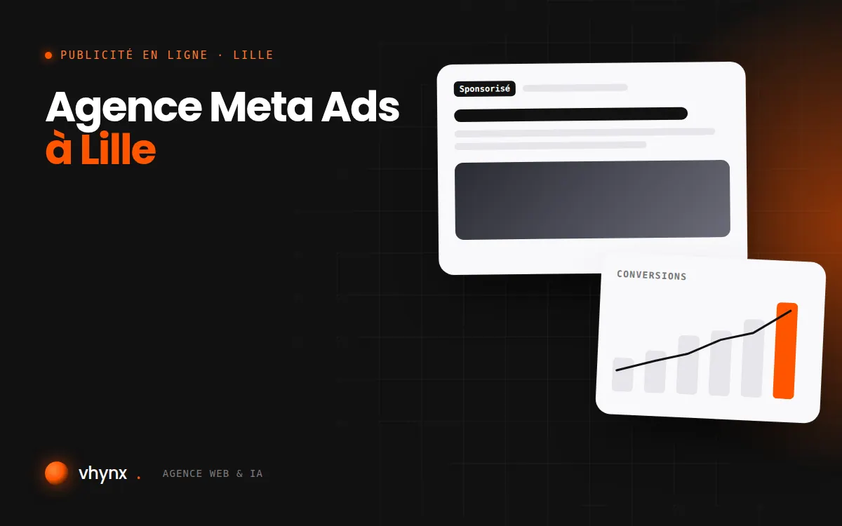 Agence Meta Ads à Lille : illustration Vhynx d'une annonce sponsorisée et d'un graphique de conversions