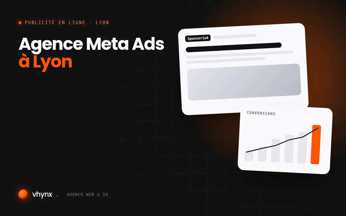 Agence Meta Ads à Lyon : illustration Vhynx d'une annonce sponsorisée et d'un graphique de conversions