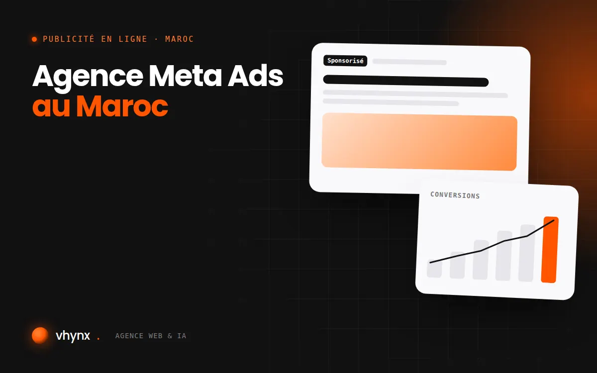 Agence Meta Ads au Maroc : illustration Vhynx d'une annonce sponsorisée et d'un graphique de conversions