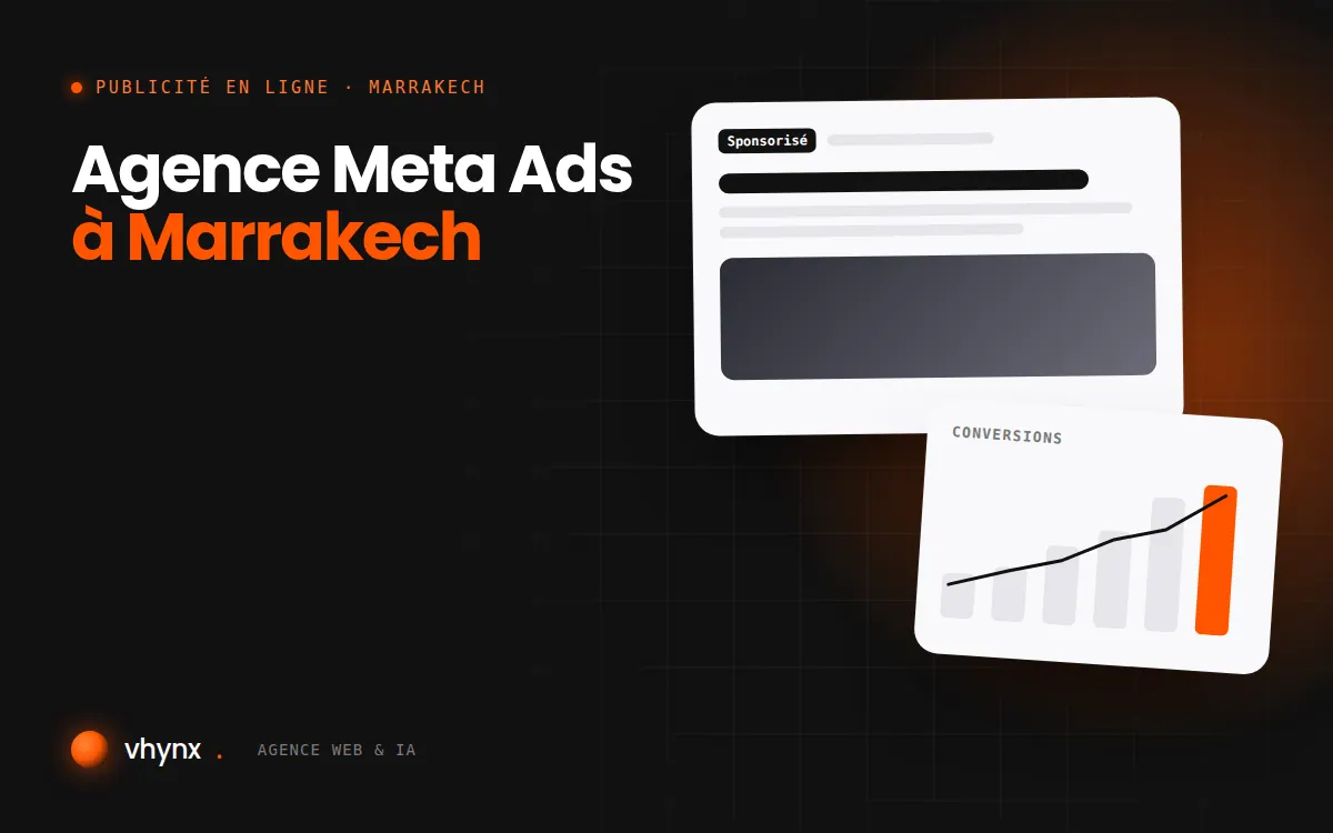 Agence Meta Ads à Marrakech : illustration Vhynx d'une annonce sponsorisée et d'un graphique de conversions