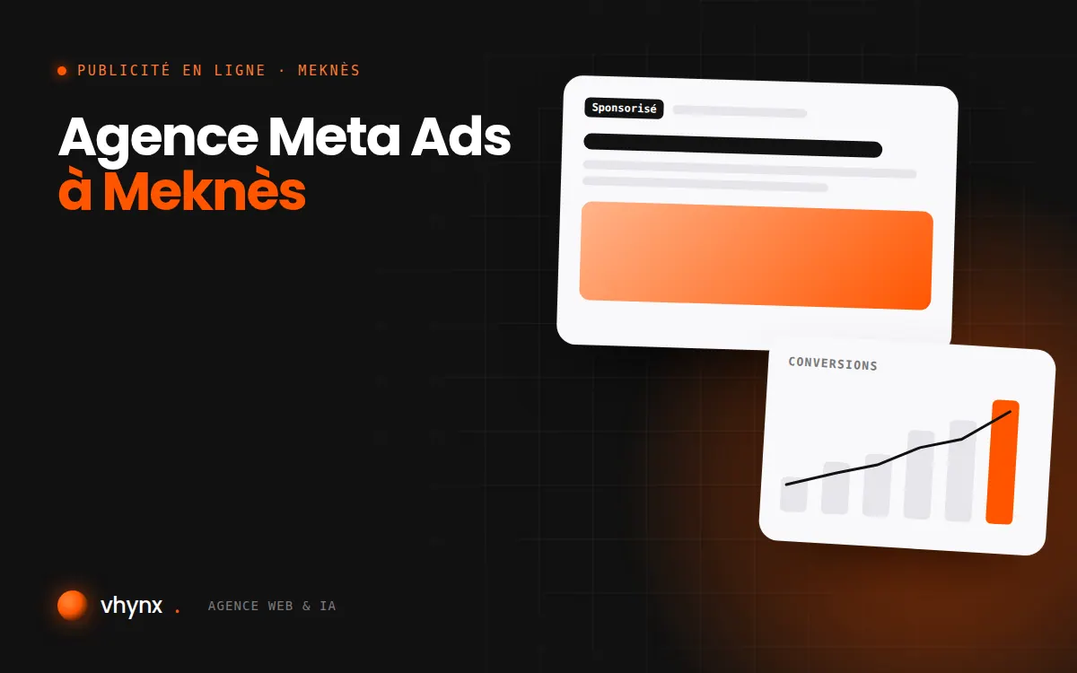 Agence Meta Ads à Meknès : illustration Vhynx d'une annonce sponsorisée et d'un graphique de conversions