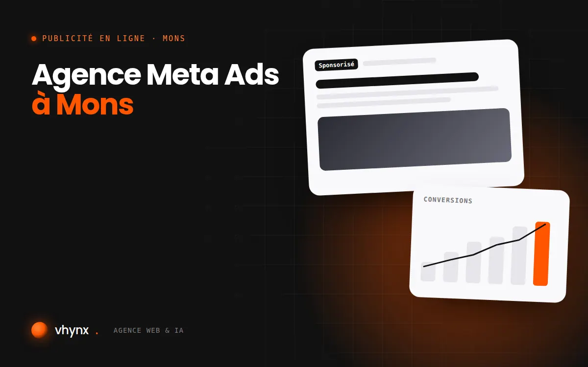 Agence Meta Ads à Mons : illustration Vhynx d'une annonce sponsorisée et d'un graphique de conversions