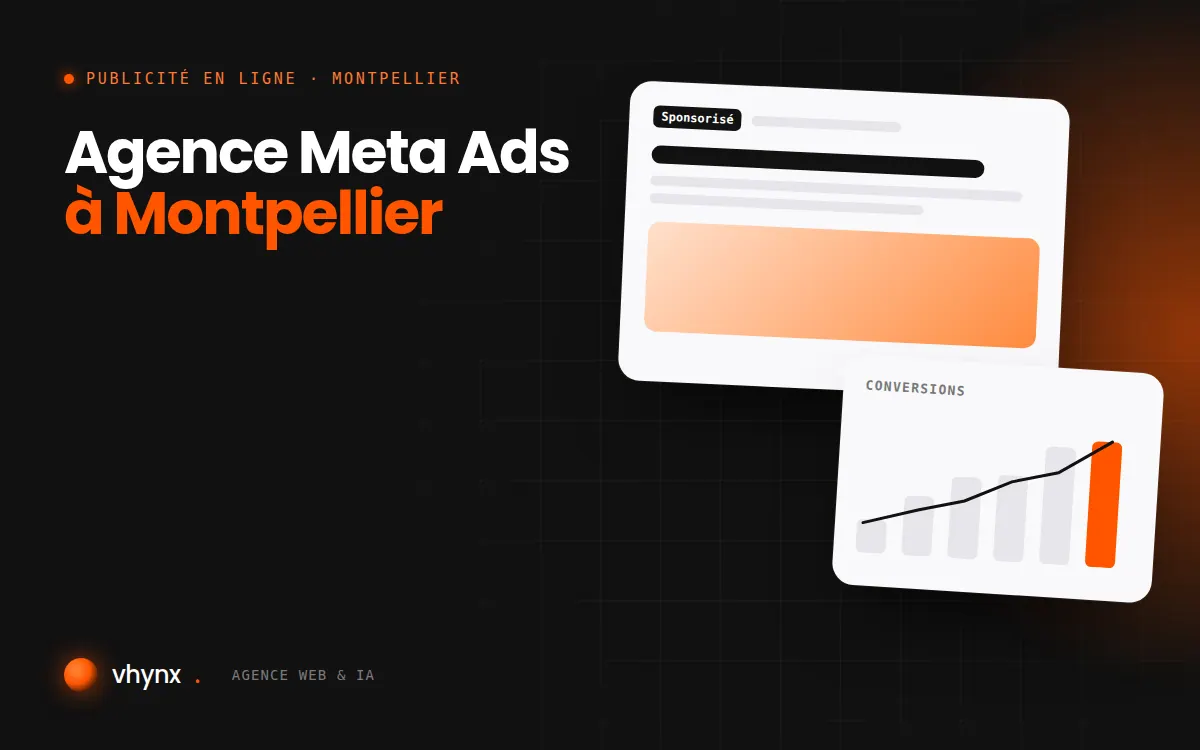 Agence Meta Ads à Montpellier : illustration Vhynx d'une annonce sponsorisée et d'un graphique de conversions