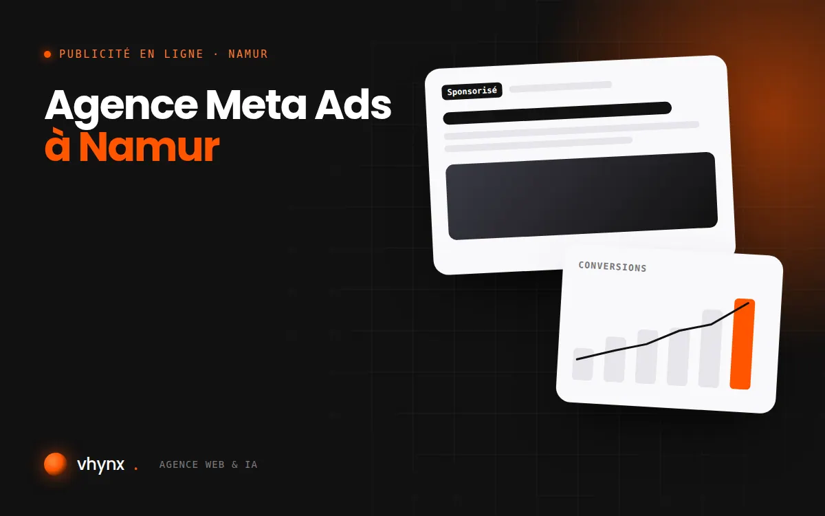 Agence Meta Ads à Namur : illustration Vhynx d'une annonce sponsorisée et d'un graphique de conversions