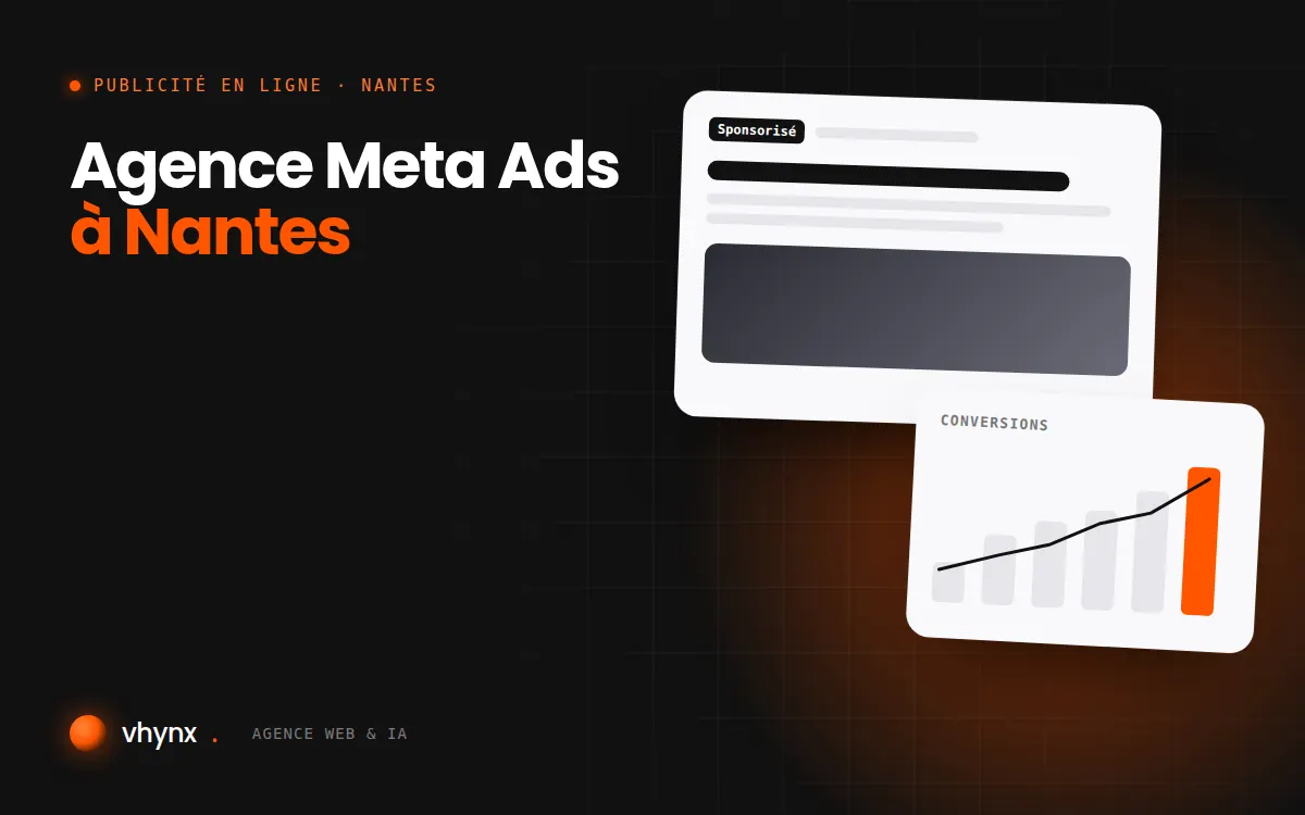 Agence Meta Ads à Nantes : illustration Vhynx d'une annonce sponsorisée et d'un graphique de conversions