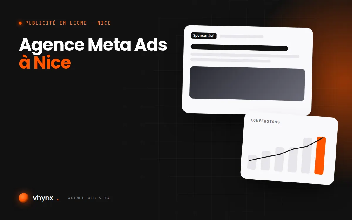 Agence Meta Ads à Nice : illustration Vhynx d'une annonce sponsorisée et d'un graphique de conversions