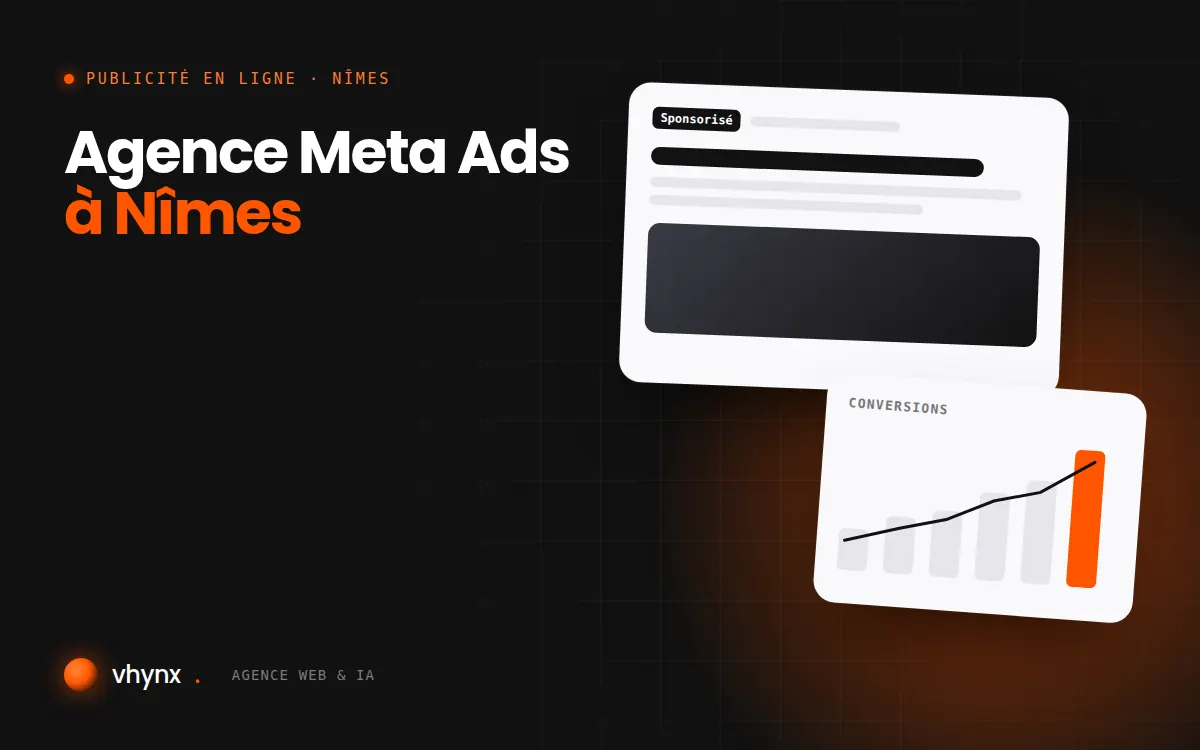 Agence Meta Ads à Nîmes : illustration Vhynx d'une annonce sponsorisée et d'un graphique de conversions
