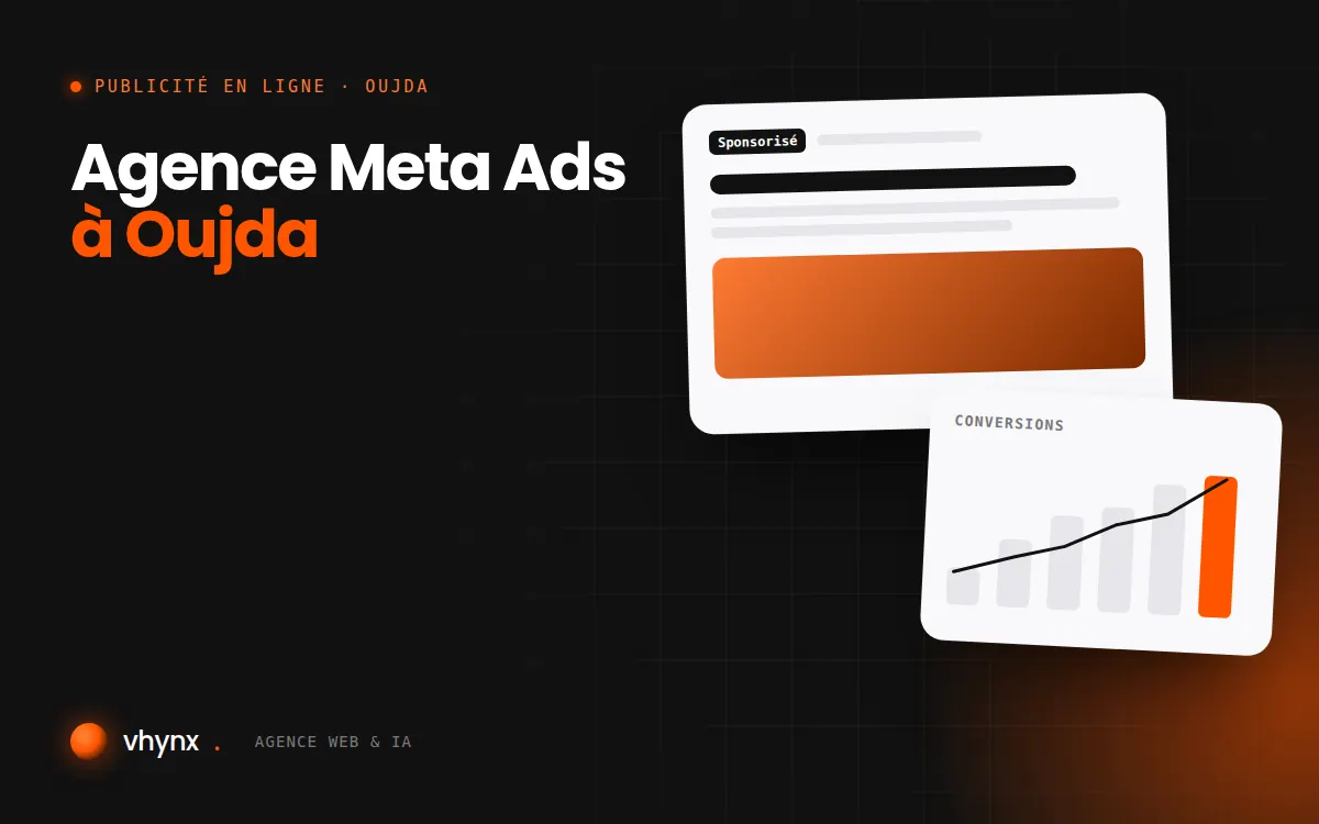 Agence Meta Ads à Oujda : illustration Vhynx d'une annonce sponsorisée et d'un graphique de conversions