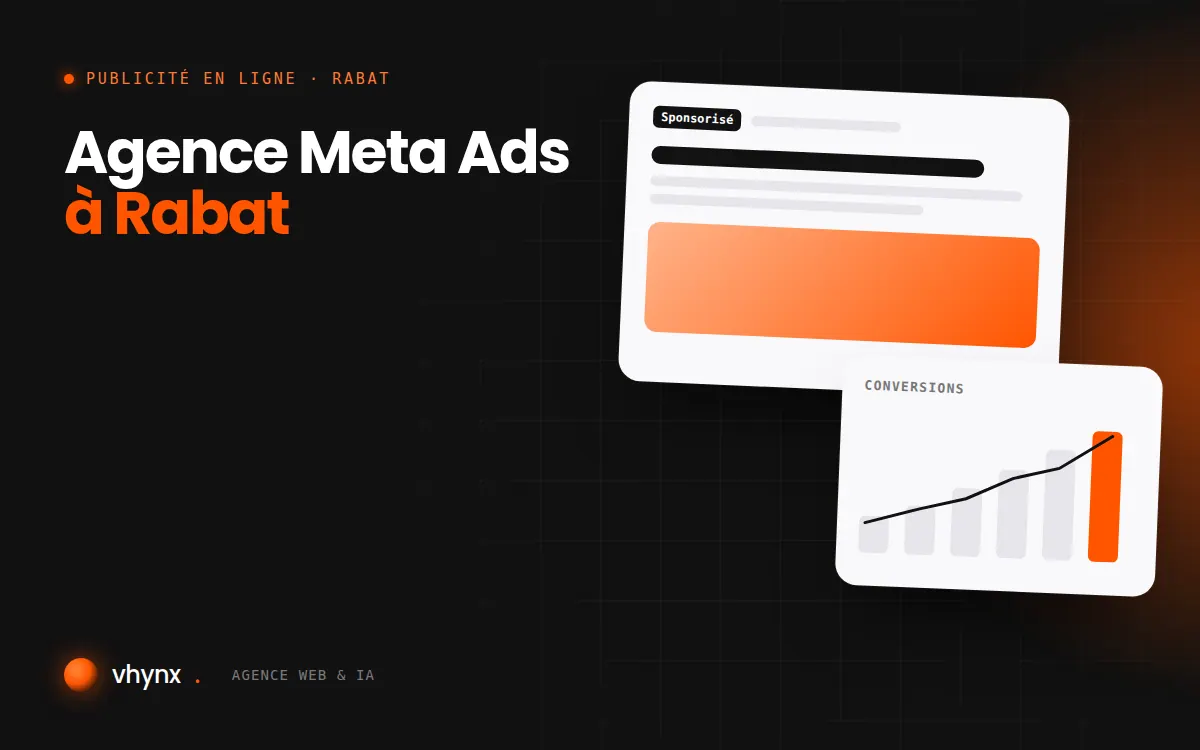 Agence Meta Ads à Rabat : illustration Vhynx d'une annonce sponsorisée et d'un graphique de conversions