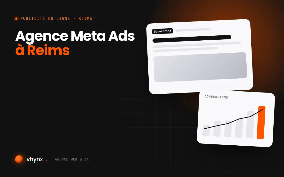 Agence Meta Ads à Reims : illustration Vhynx d'une annonce sponsorisée et d'un graphique de conversions
