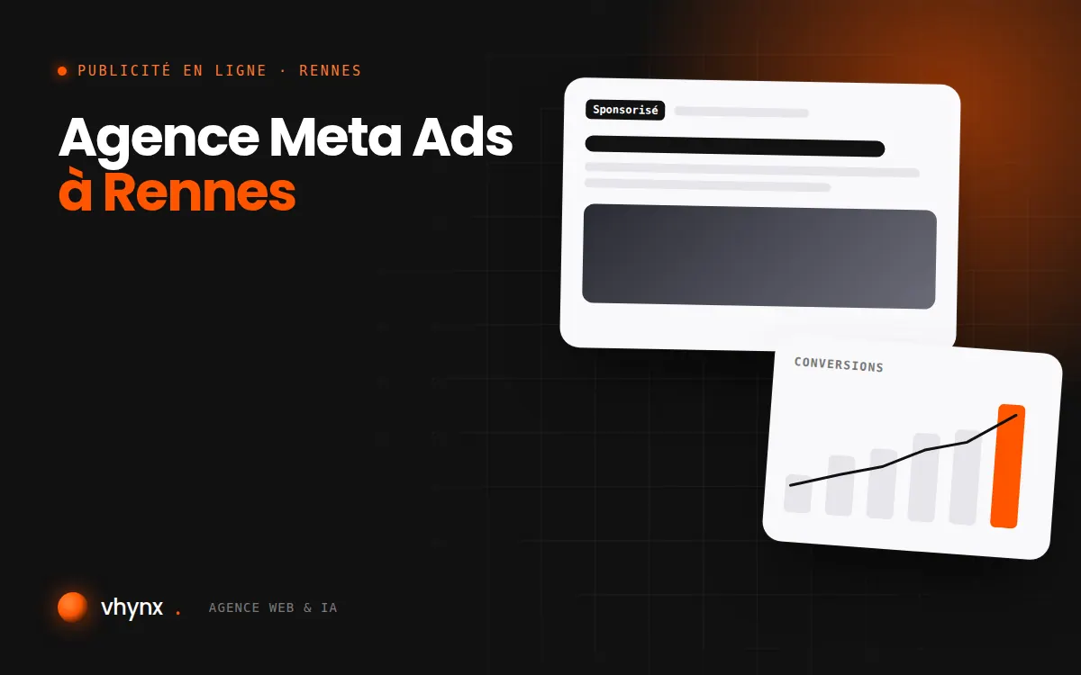 Agence Meta Ads à Rennes : illustration Vhynx d'une annonce sponsorisée et d'un graphique de conversions