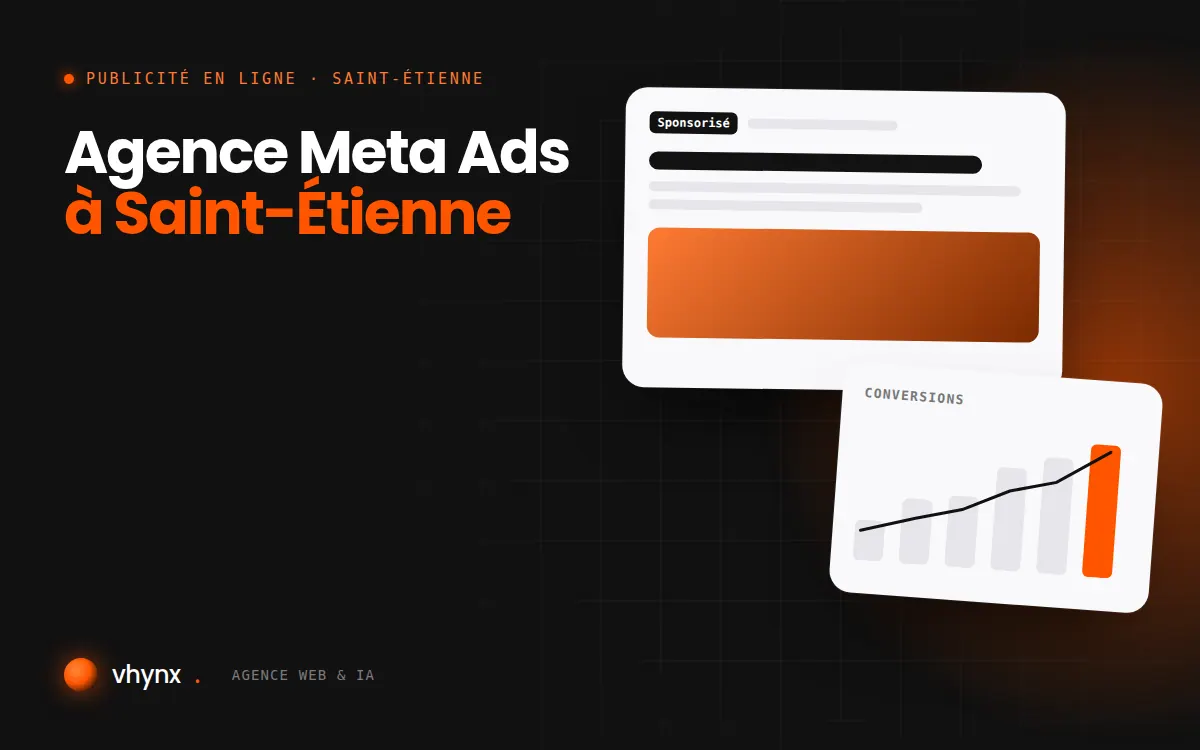 Agence Meta Ads à Saint-Étienne : illustration Vhynx d'une annonce sponsorisée et d'un graphique de conversions