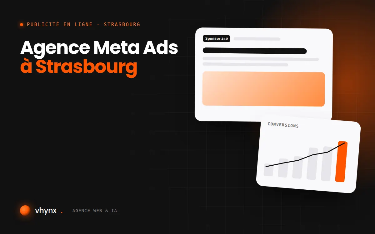 Agence Meta Ads à Strasbourg : illustration Vhynx d'une annonce sponsorisée et d'un graphique de conversions