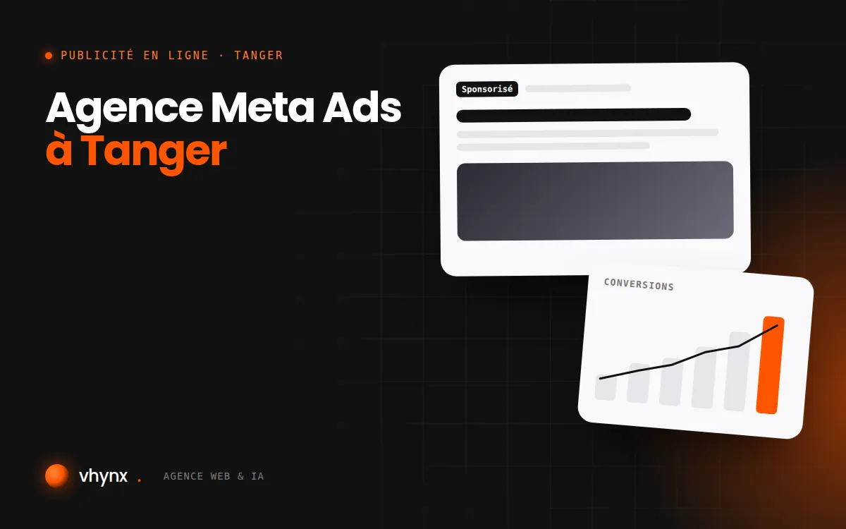 Agence Meta Ads à Tanger : illustration Vhynx d'une annonce sponsorisée et d'un graphique de conversions
