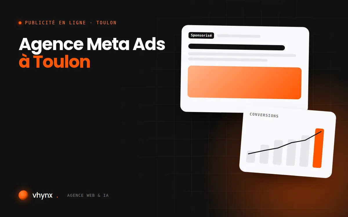 Agence Meta Ads à Toulon : illustration Vhynx d'une annonce sponsorisée et d'un graphique de conversions
