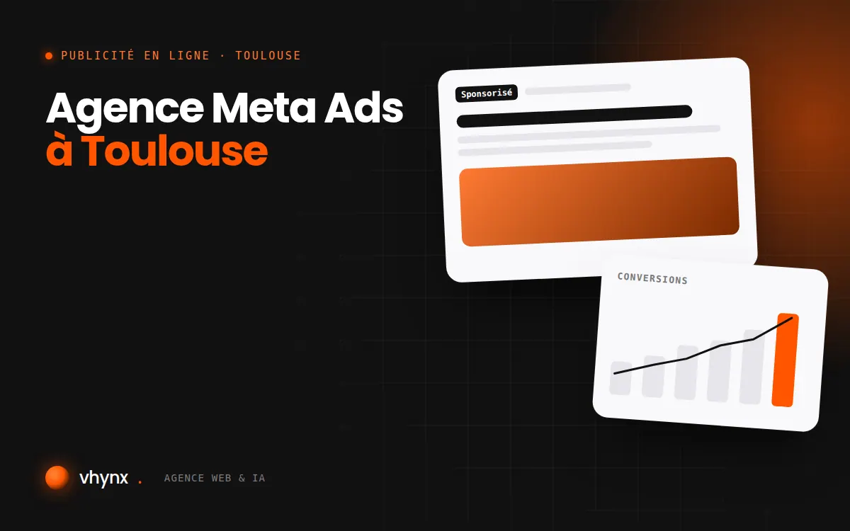 Agence Meta Ads à Toulouse : illustration Vhynx d'une annonce sponsorisée et d'un graphique de conversions