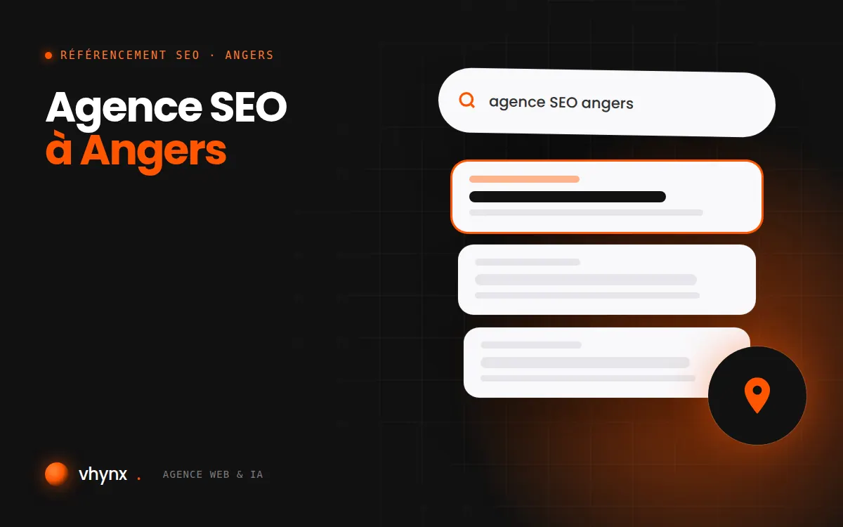 Agence SEO à Angers : illustration Vhynx d'une recherche Google, des résultats et d'un repère de carte locale