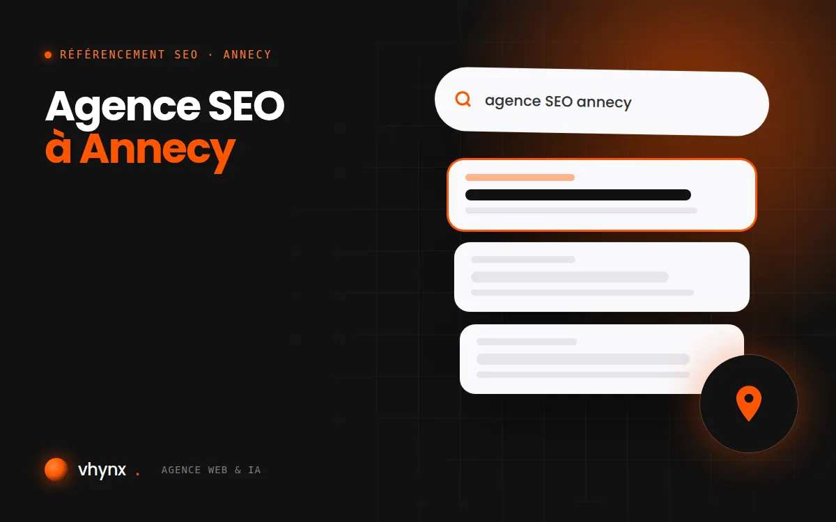 Agence SEO à Annecy : illustration Vhynx d'une recherche Google, des résultats et d'un repère de carte locale